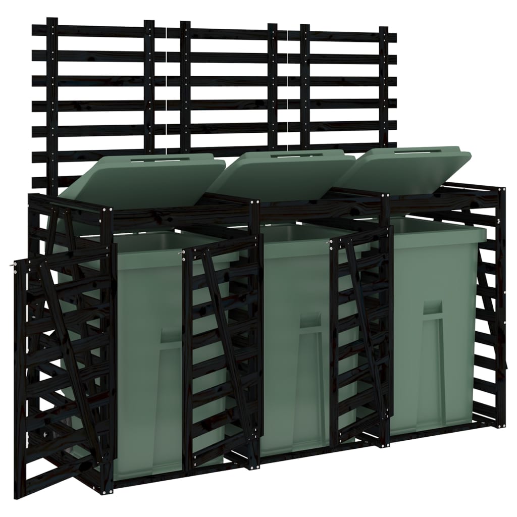 vidaXL Αποθήκευση Τροχήλατου Κάδου Τριπλή Μαύρη από Μασίφ Ξύλο Πεύκου