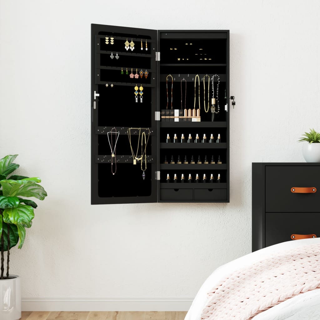 vidaXL Έπιπλο Κοσμημάτων με Καθρέφτη/LED Φώτα Επιτοίχιο Μαύρο