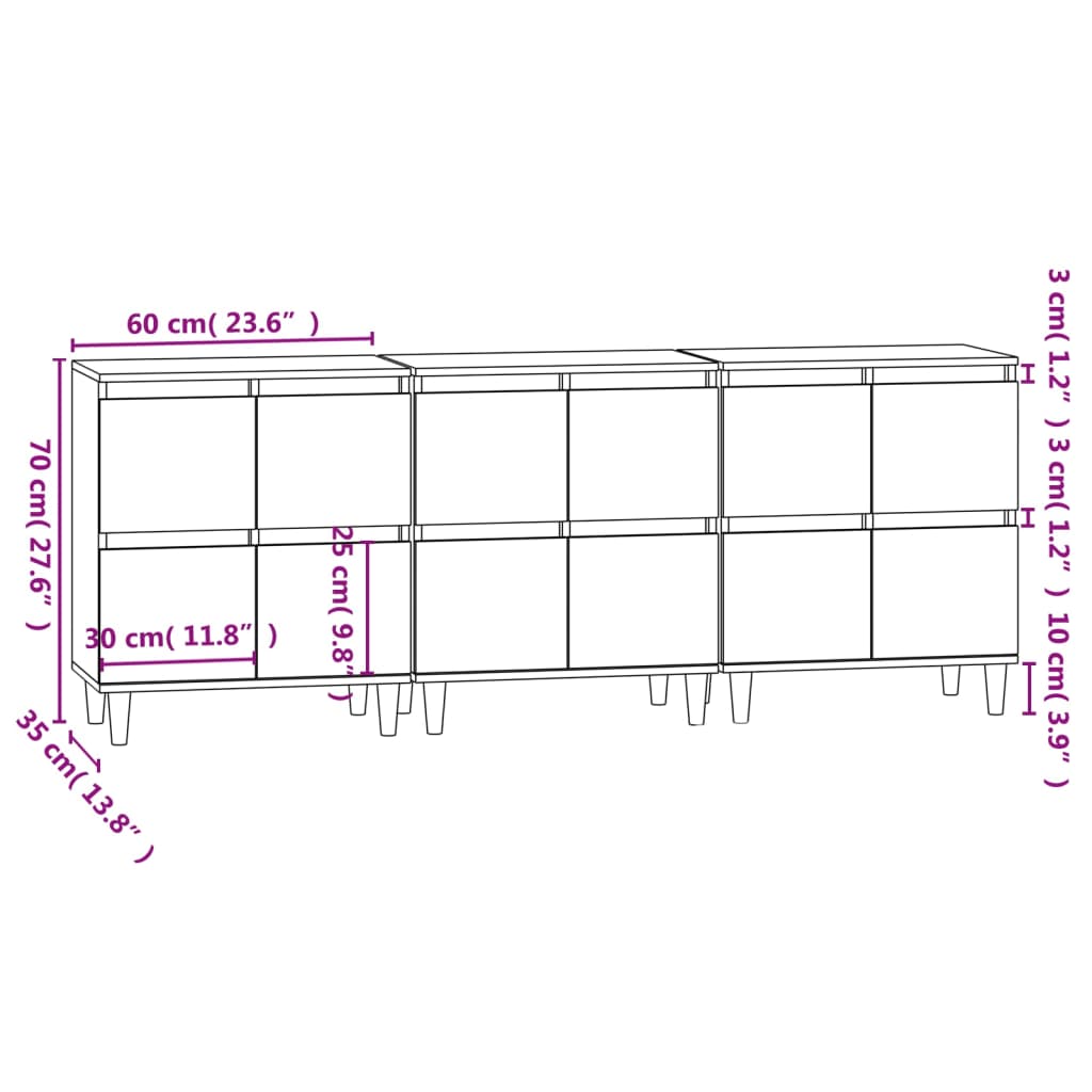 vidaXL Ντουλάπια 3 τεμ. Λευκό 60x35x70 εκ. Επεξεργασμένο Ξύλο