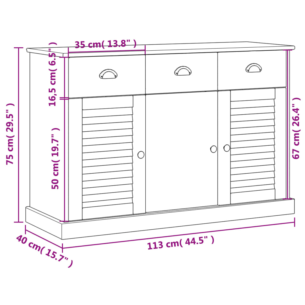 vidaXL Μπουφές με Συρτάρια VIGO Λευκό 113x40x75 εκ. Μασίφ Ξύλο Πεύκου