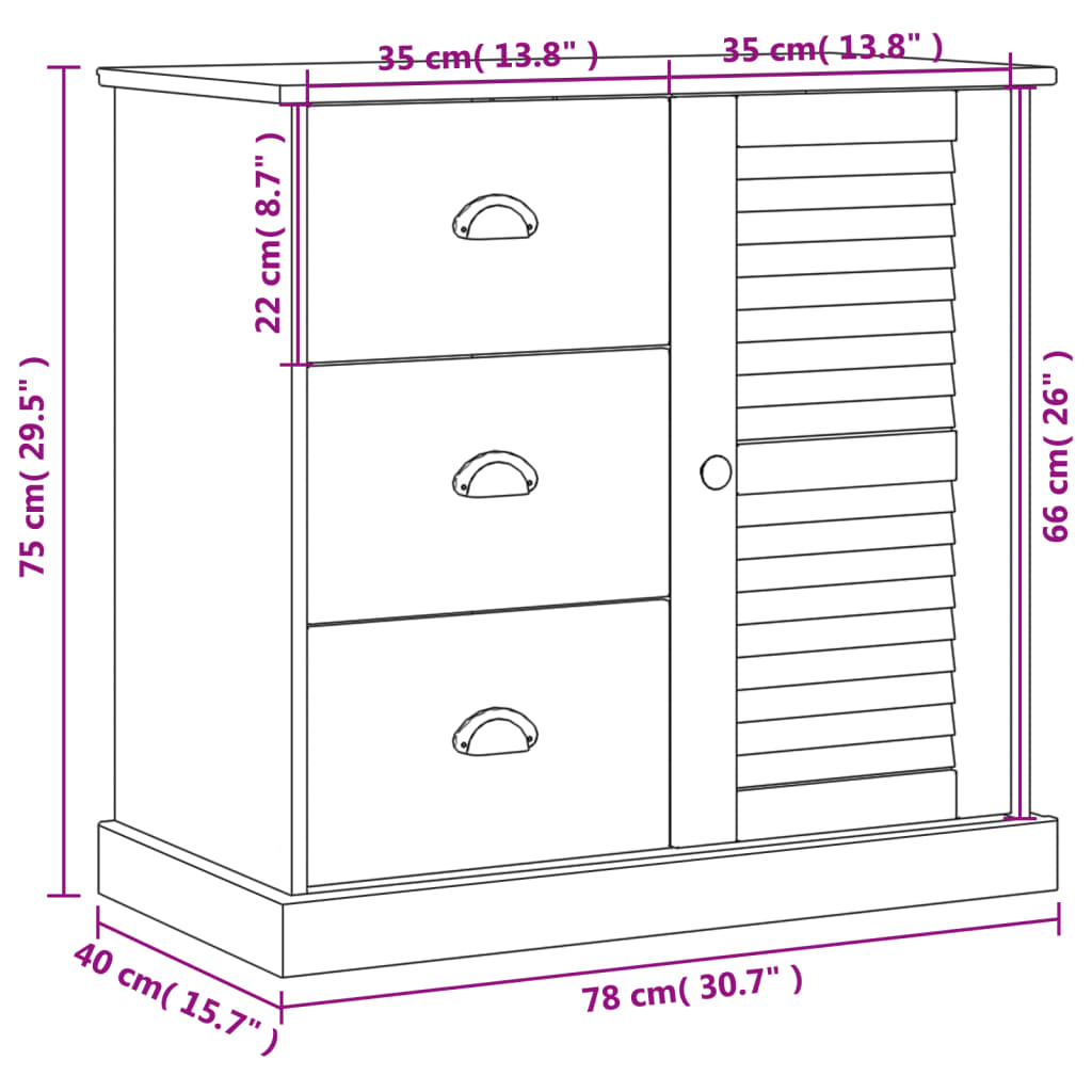 vidaXL Μπουφές με Συρτάρια VIGO 78 x 40 x 75 εκ. από Μασίφ Ξύλο Πεύκου