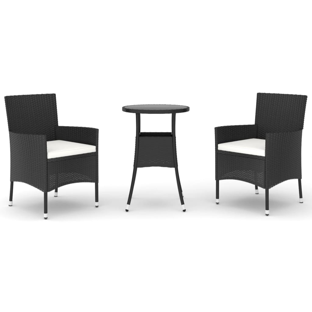 vidaXL Σετ Επίπλων Bistro Κήπου 3 τεμ Μαύρο Συνθετ. Ρατάν με Μαξιλάρια