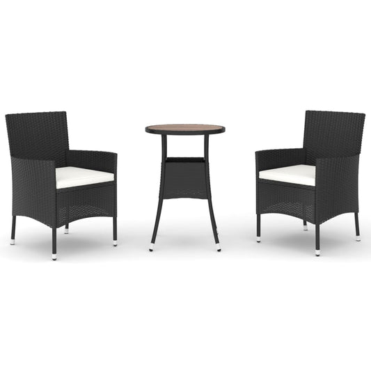 vidaXL Σετ Επίπλων Bistro Κήπου 3 τεμ Μαύρο Συνθετ. Ρατάν με Μαξιλάρια