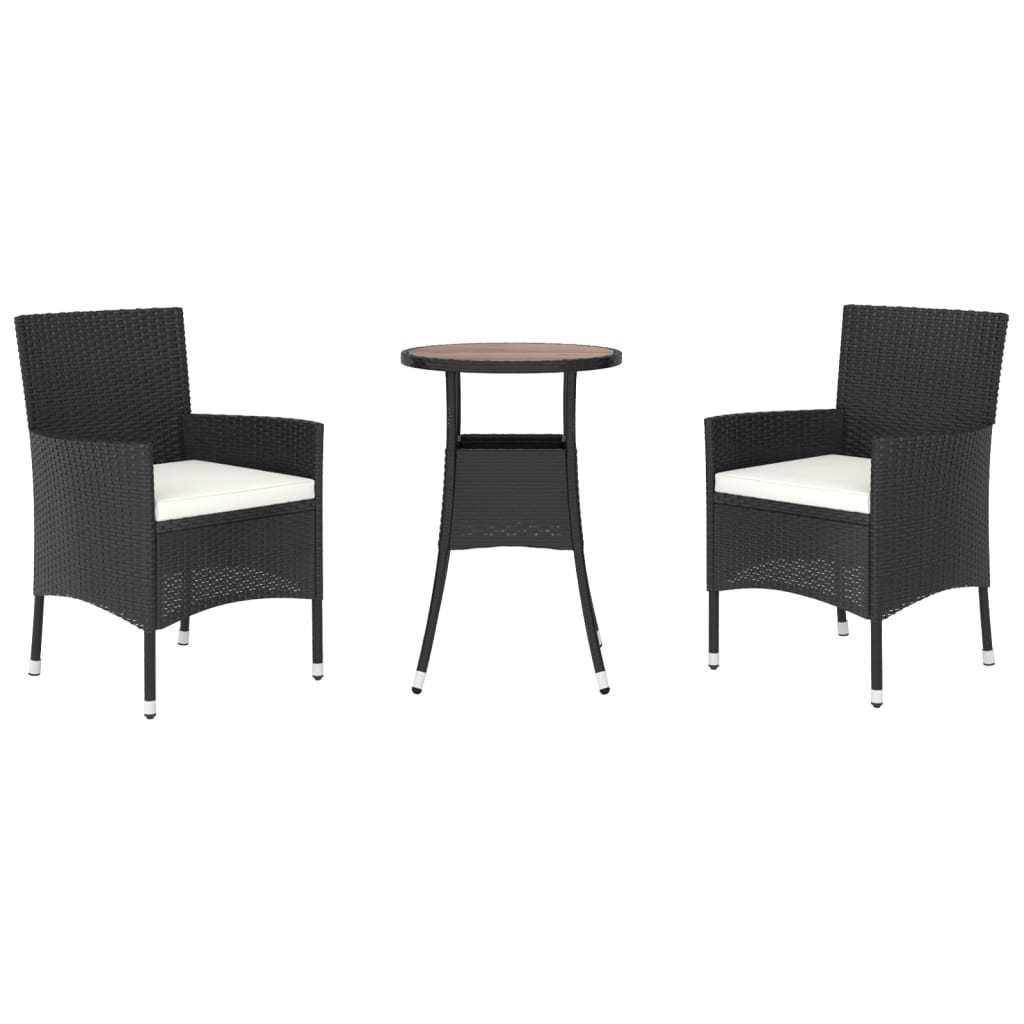 vidaXL Σετ Επίπλων Bistro Κήπου 3 τεμ Μαύρο Συνθετ. Ρατάν με Μαξιλάρια