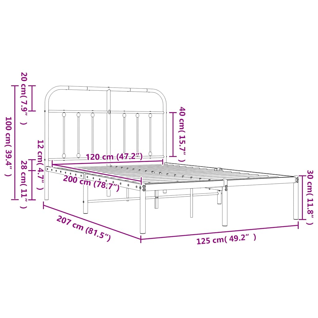 vidaXL Πλαίσιο Κρεβατιού με Κεφαλάρι Μαύρο 120 x 200 εκ. Μεταλλικό