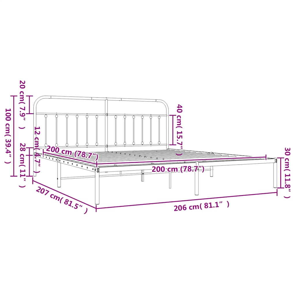 vidaXL Πλαίσιο Κρεβατιού με Κεφαλάρι Μαύρο 200 x 200 εκ. Μεταλλικό