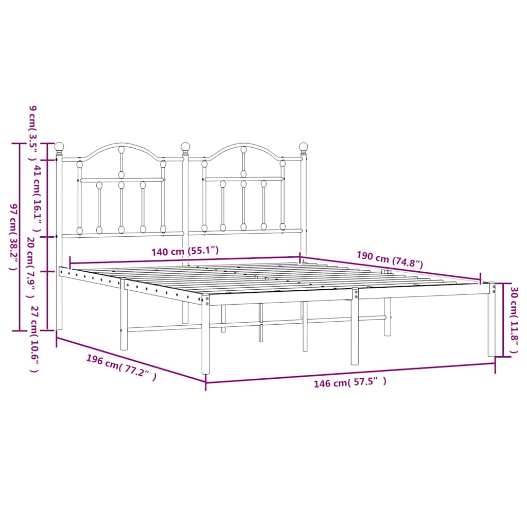 vidaXL Πλαίσιο Κρεβατιού με Κεφαλάρι Μαύρο 140 x 190 εκ. Μεταλλικό