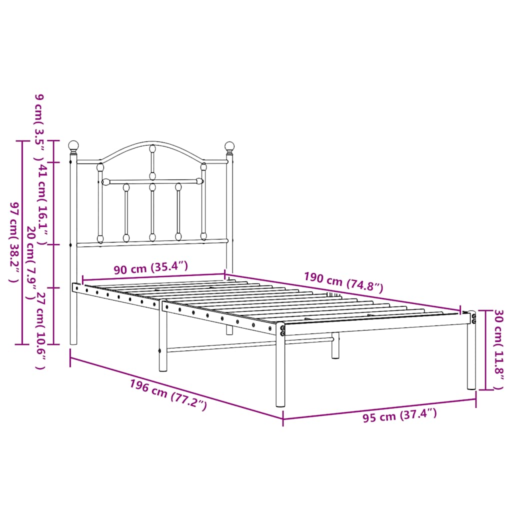 vidaXL Πλαίσιο Κρεβατιού με Κεφαλάρι Λευκό 90 x 190 εκ. Μεταλλικό