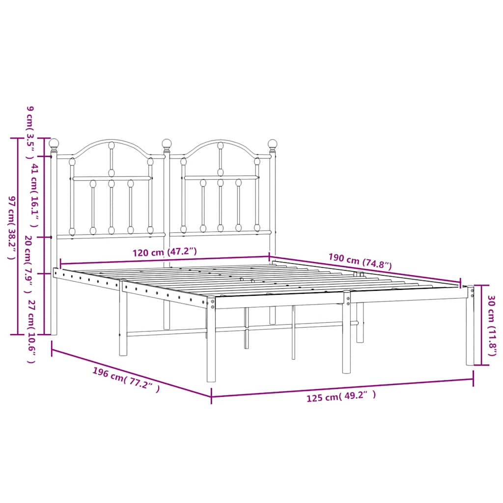 vidaXL Πλαίσιο Κρεβατιού με Κεφαλάρι Λευκό 120x190 εκ. Μεταλλικό