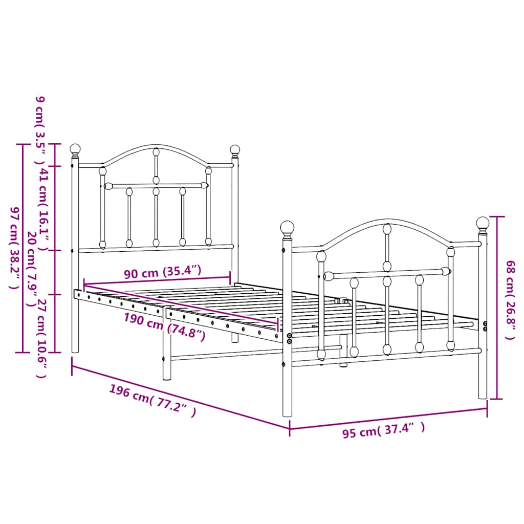 vidaXL Πλαίσιο Κρεβατιού με Κεφαλάρι/Ποδαρικό Λευκό 90x190 εκ. Μέταλλο