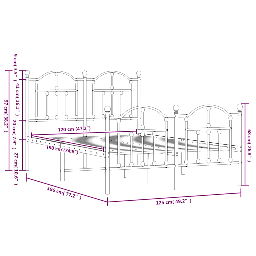 vidaXL Πλαίσιο Κρεβατιού με Κεφαλάρι&Ποδαρικό Λευκό 120x190εκ. Μέταλλο