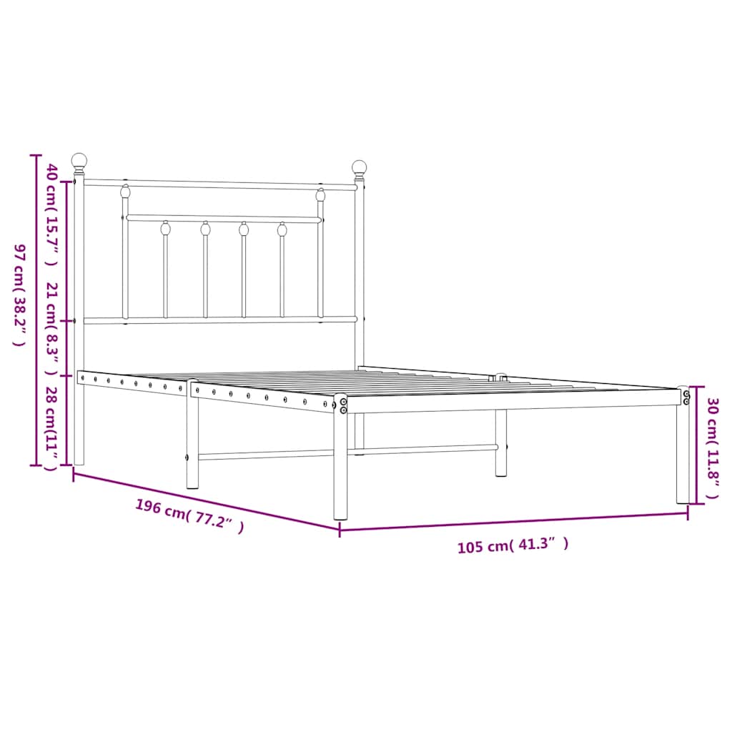 vidaXL Πλαίσιο Κρεβατιού με Κεφαλάρι Μαύρο 100 x 190 εκ. Μεταλλικό