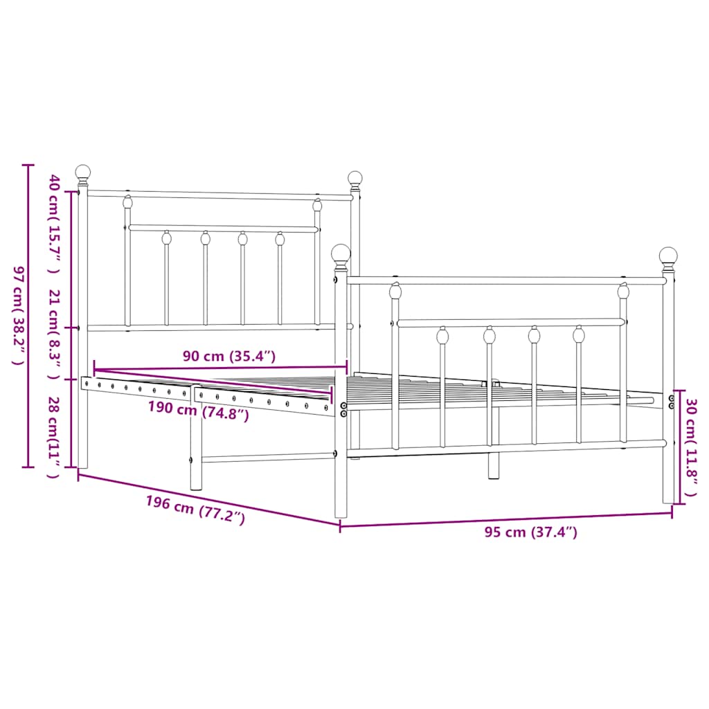 vidaXL Πλαίσιο Κρεβατιού με Κεφαλάρι/Ποδαρικό Λευκό 90x190 εκ. Μέταλλο