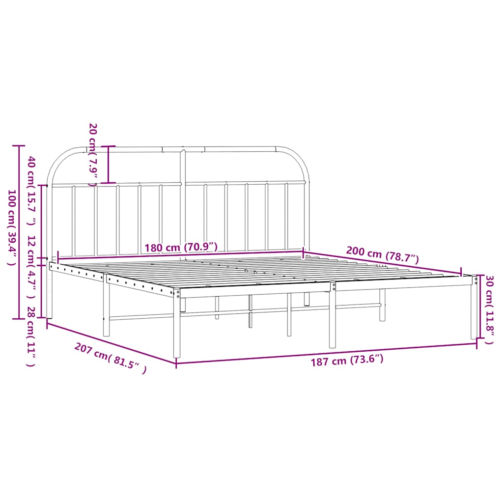 vidaXL Πλαίσιο Κρεβατιού με Κεφαλάρι Μαύρο 180 x 200 εκ. Μεταλλικό