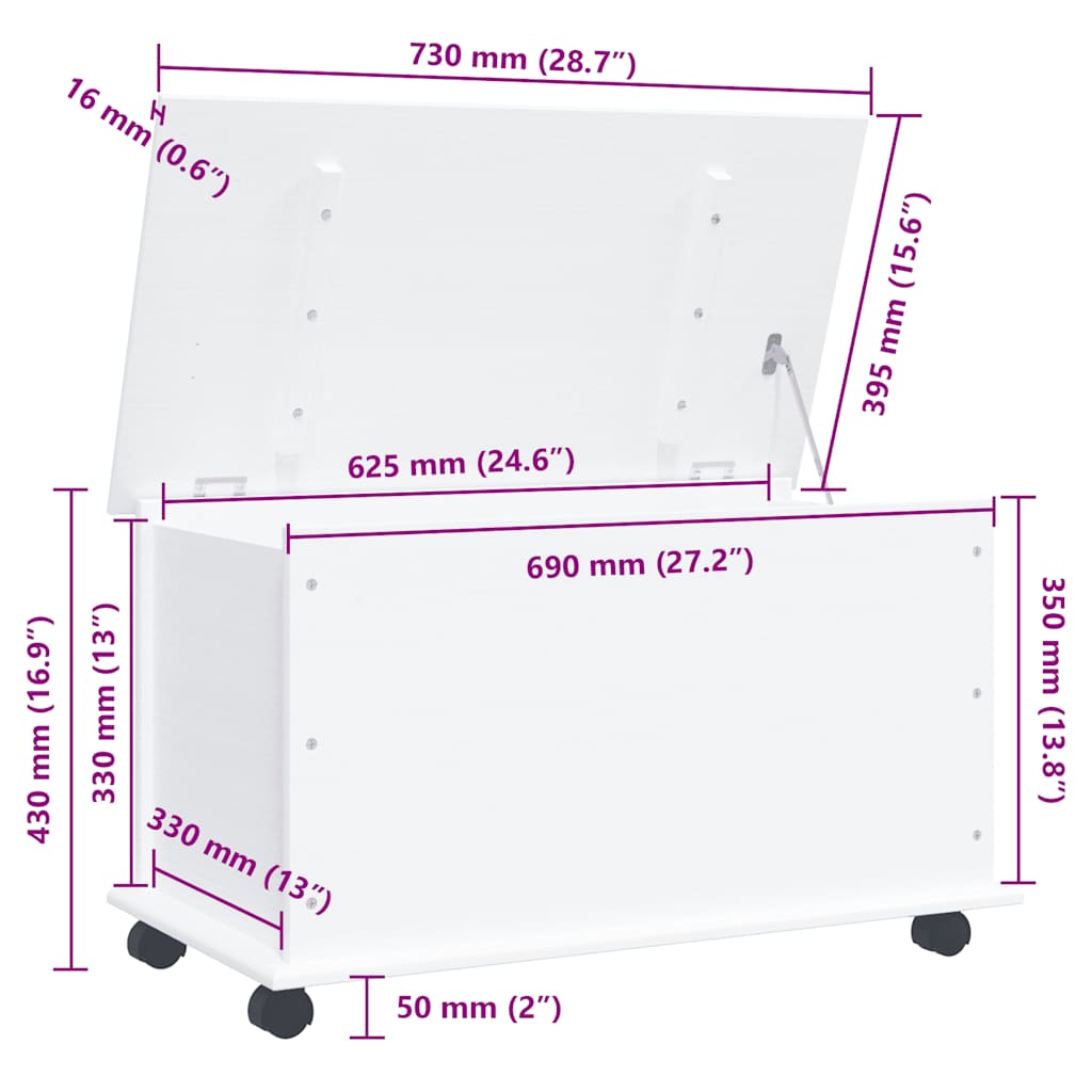 vidaXL Μπαούλο με Ρόδες ALTA Λευκό 73x39,5x43 εκ. Μασίφ Ξύλο Πεύκου