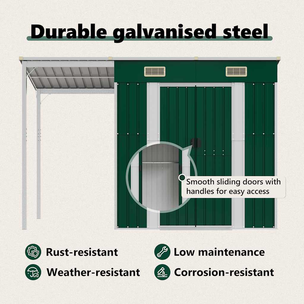 vidaXL Αποθήκη Κήπου Εκτεταμένη Οροφή Πράσινη 277x107x181 εκ. Ατσάλι