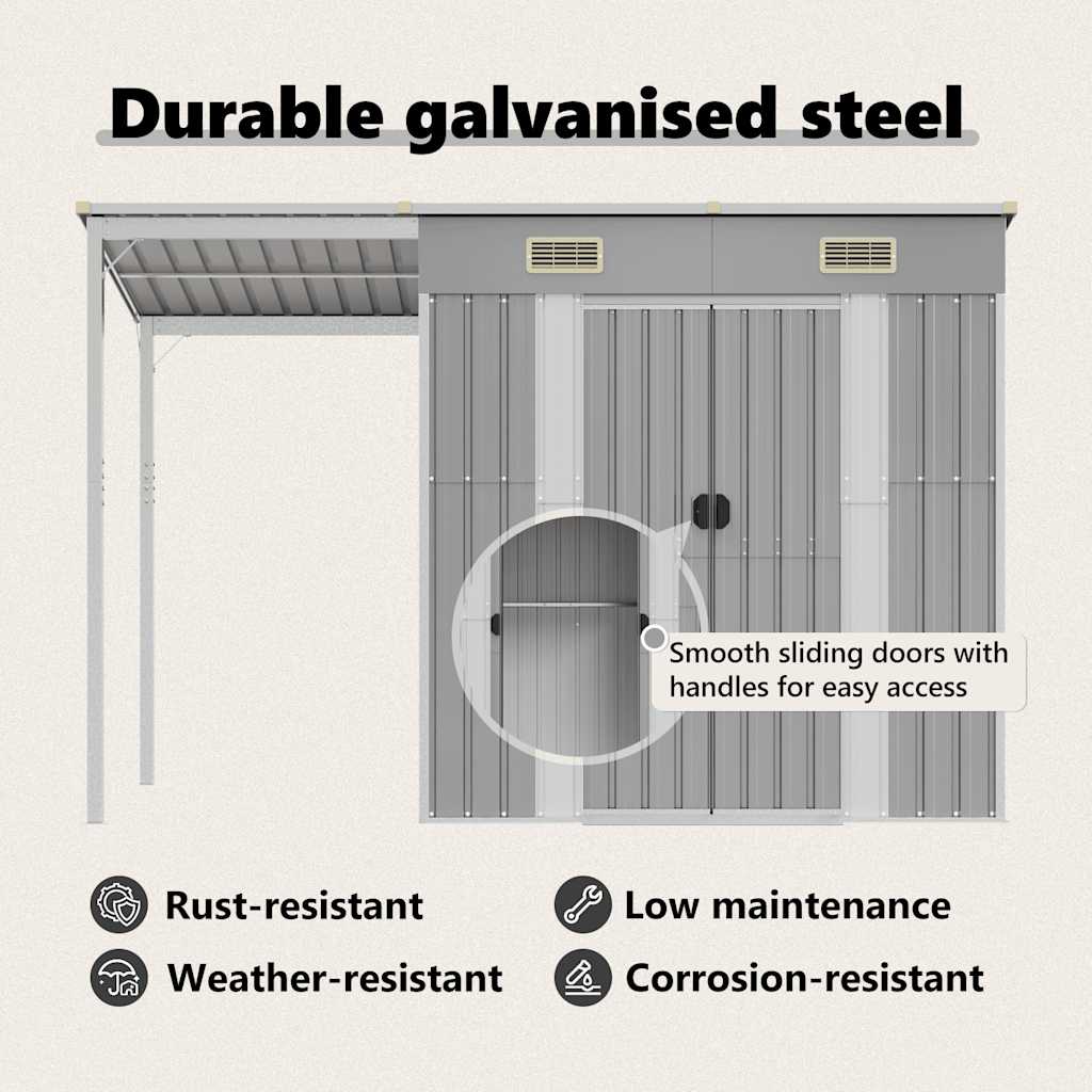 vidaXL Αποθήκη Κήπου Εκτεταμένη Οροφή Αν. Γκρι 277x107x181 εκ Ατσάλι