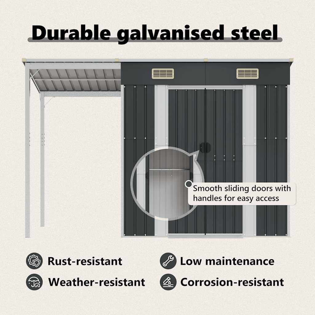 vidaXL Αποθήκη Κήπου Εκτεταμένη Οροφή Ανθρακί 277x107x181 εκ. Ατσάλι