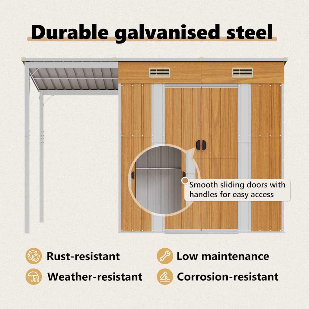 vidaXL Αποθήκη Κήπου Εκτεταμένη Οροφή Αν. Καφέ 277x107x181 εκ Ατσάλι