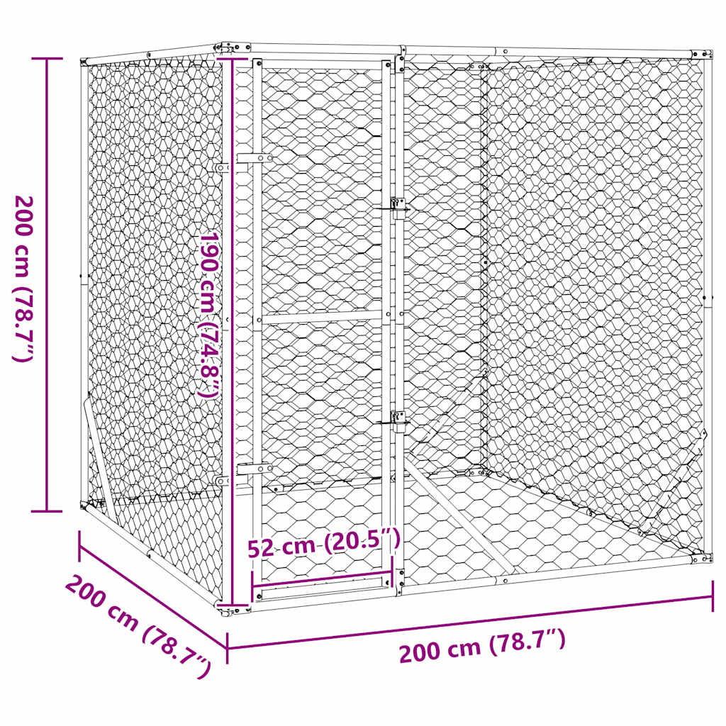 vidaXL Κλουβί Σκύλου Εξωτερ. Χώρου Ασημί 2x2x2 μ. Γαλβανισμένο Ατσάλι