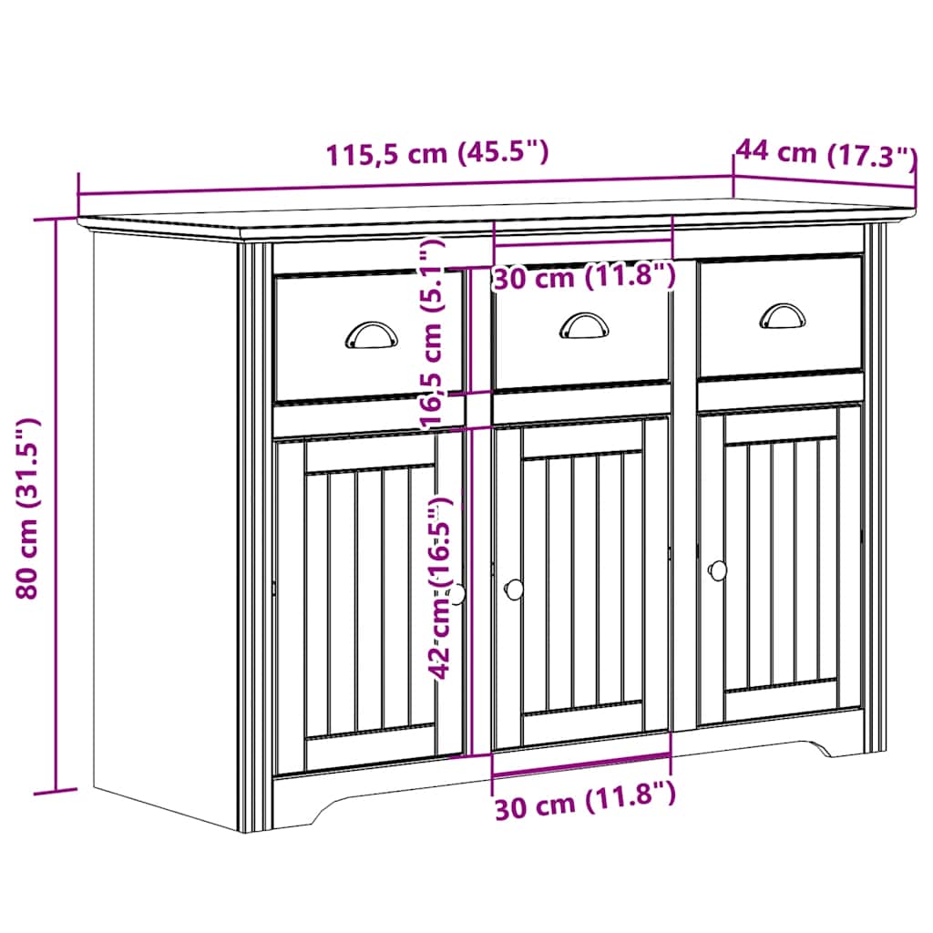 vidaXL Μπουφές BODO Λευκός 115,5x44x80 εκ. από Μασίφ Ξύλο Πεύκου