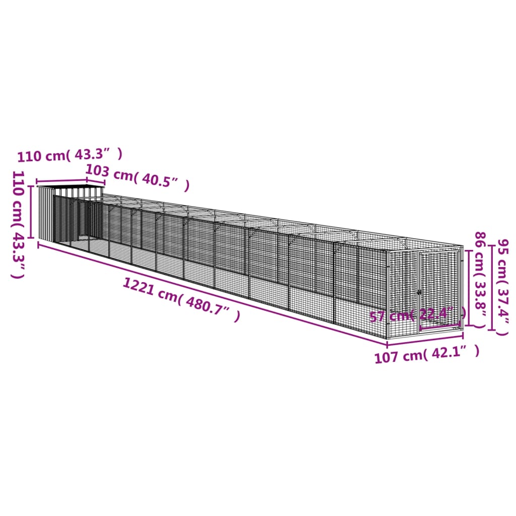 vidaXL Σπιτάκι Σκύλου με Αυλή Αν. Γκρι 110x1221x110εκ. Γαλβαν. Χάλυβας