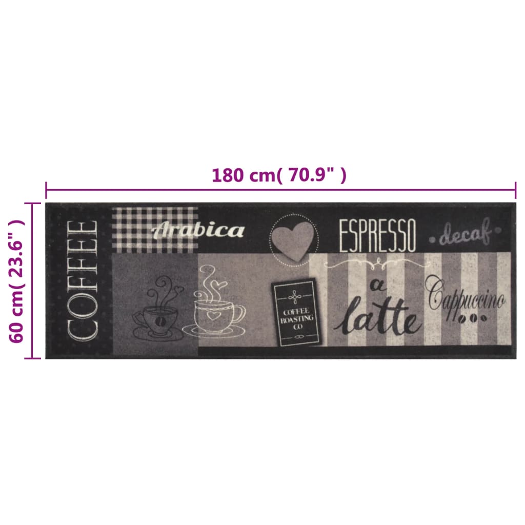 vidaXL Χαλί Κουζίνας Πλενόμενο Μαύρο Επιγραφή Καφές 60x180 εκ. Βελούδο