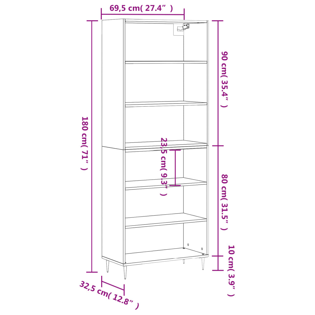 vidaXL Ντουλάπι Sonoma Γκρι 69,5x32,5x180 εκ. Επεξεργασμένο Ξύλο