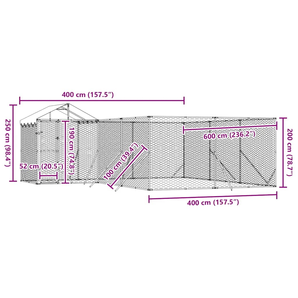 vidaXL Κλουβί Σκύλου Εξ. Χώρου με Οροφή Ασημί 6x6x2,5 μ. Γαλβ. Ατσάλι