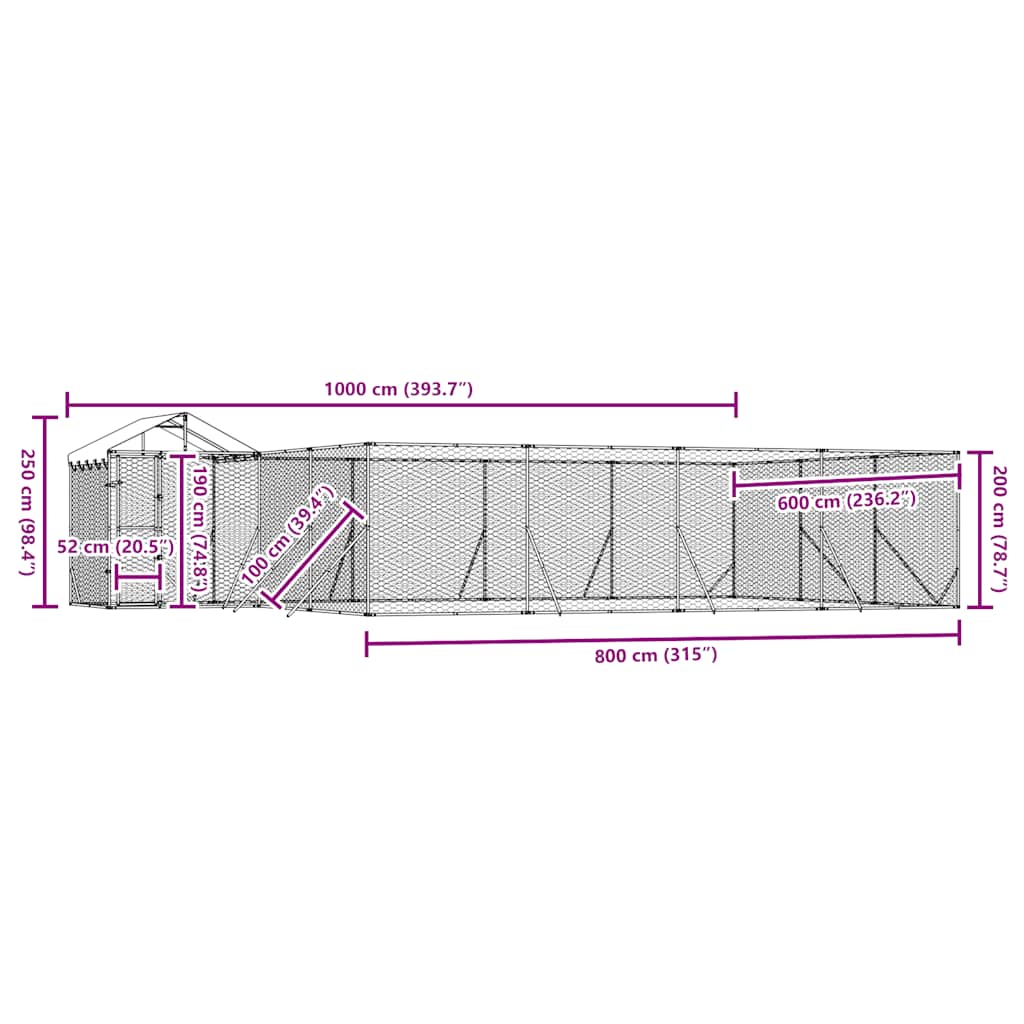 vidaXL Κλουβί Σκύλου Εξ. Χώρου με Οροφή Ασημί 10x6x2,5 μ. Γαλβ. Ατσάλι