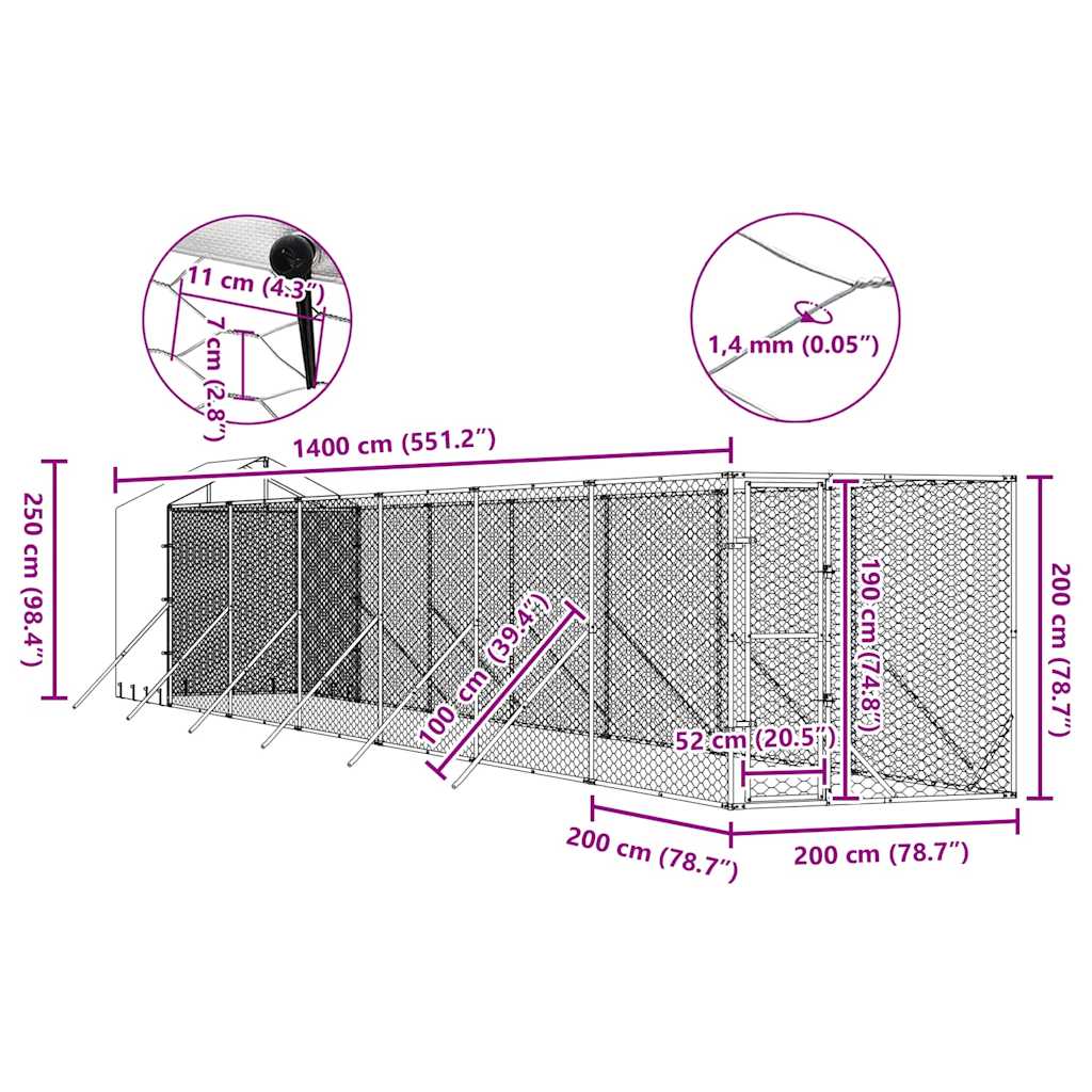 vidaXL Κλουβί Σκύλου Εξ. Χώρου με Οροφή Ασημί 2x14x2,5 μ. Γαλβ. Ατσάλι