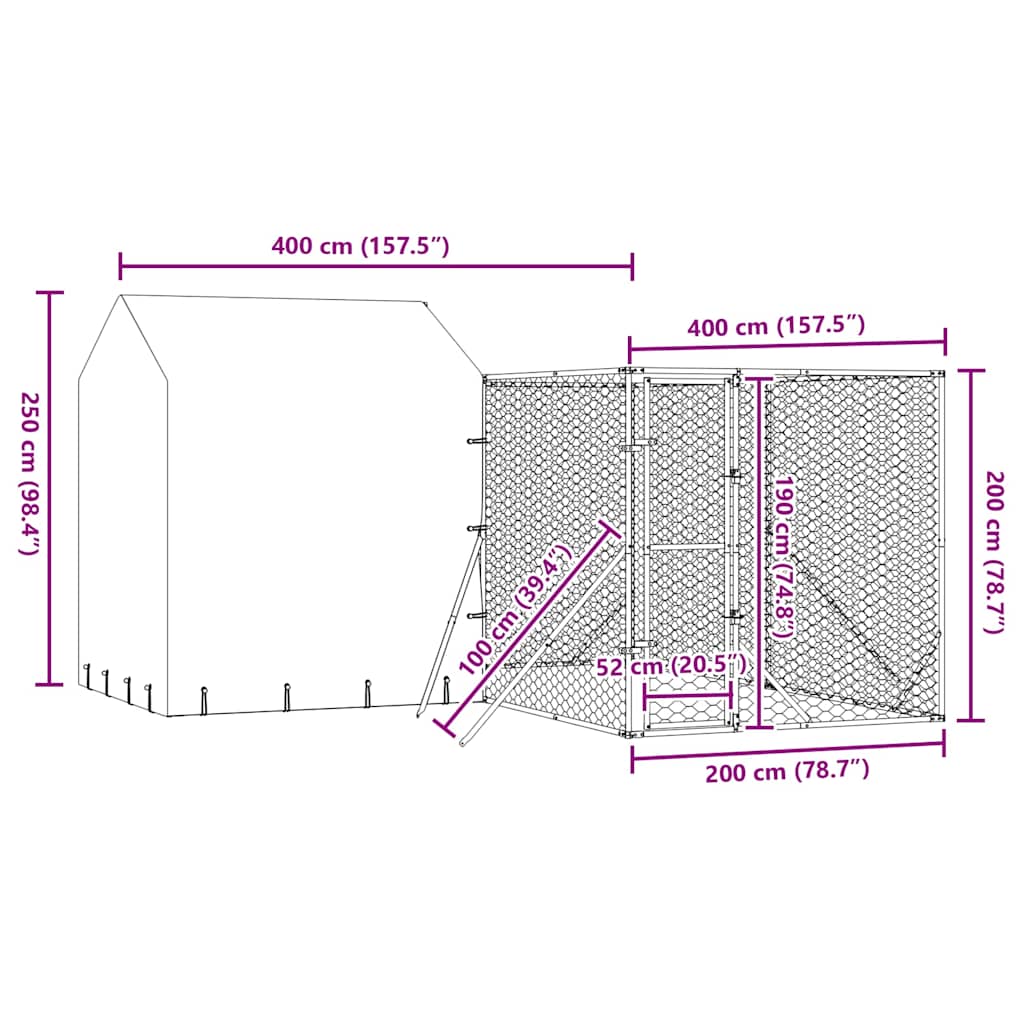 vidaXL Κλουβί Σκύλου Εξ. Χώρου με Οροφή Ασημί 4x4x2,5 μ. Γαλβ. Ατσάλι