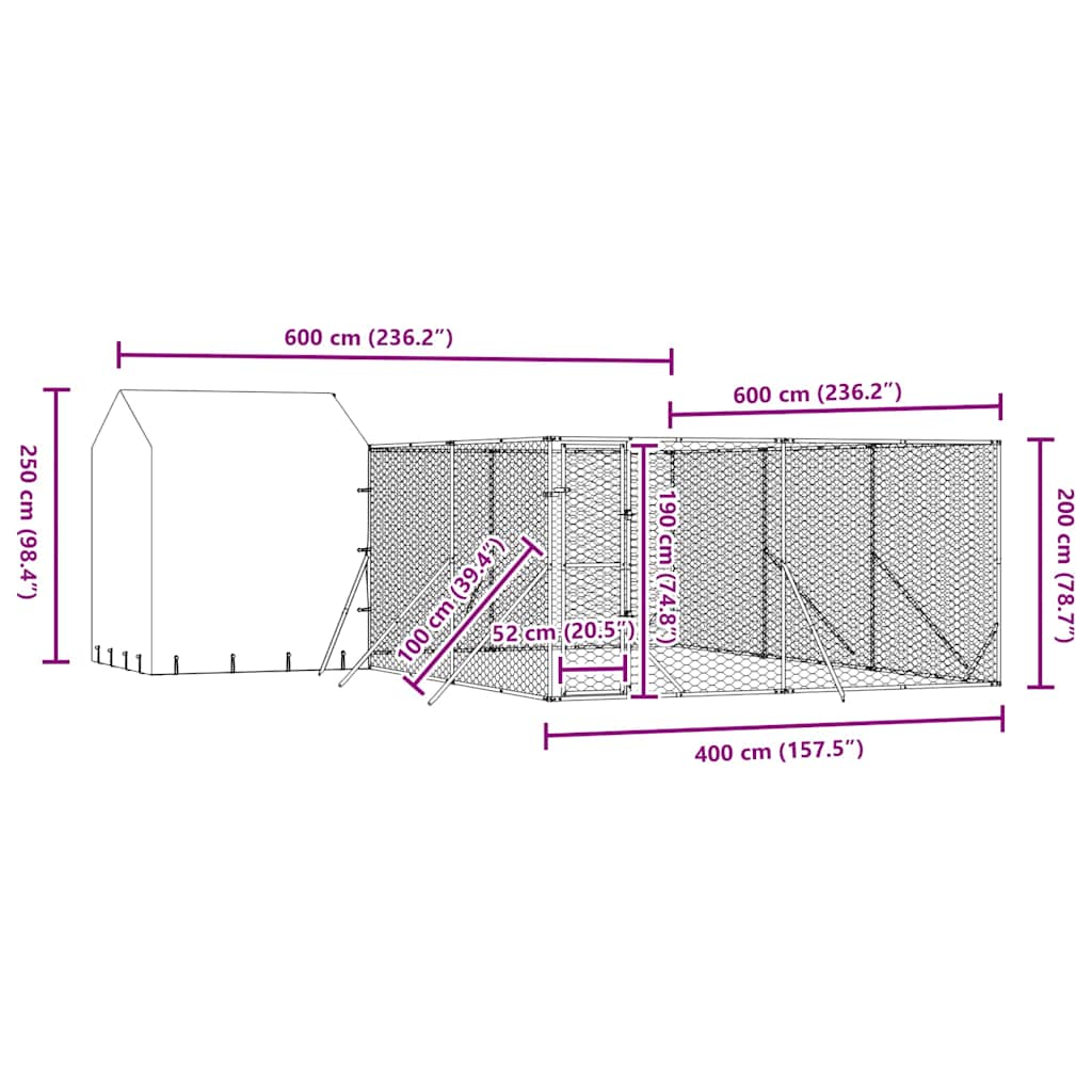 vidaXL Κλουβί Σκύλου Εξ. Χώρου με Οροφή Ασημί 6x6x2,5 μ. Γαλβ. Ατσάλι