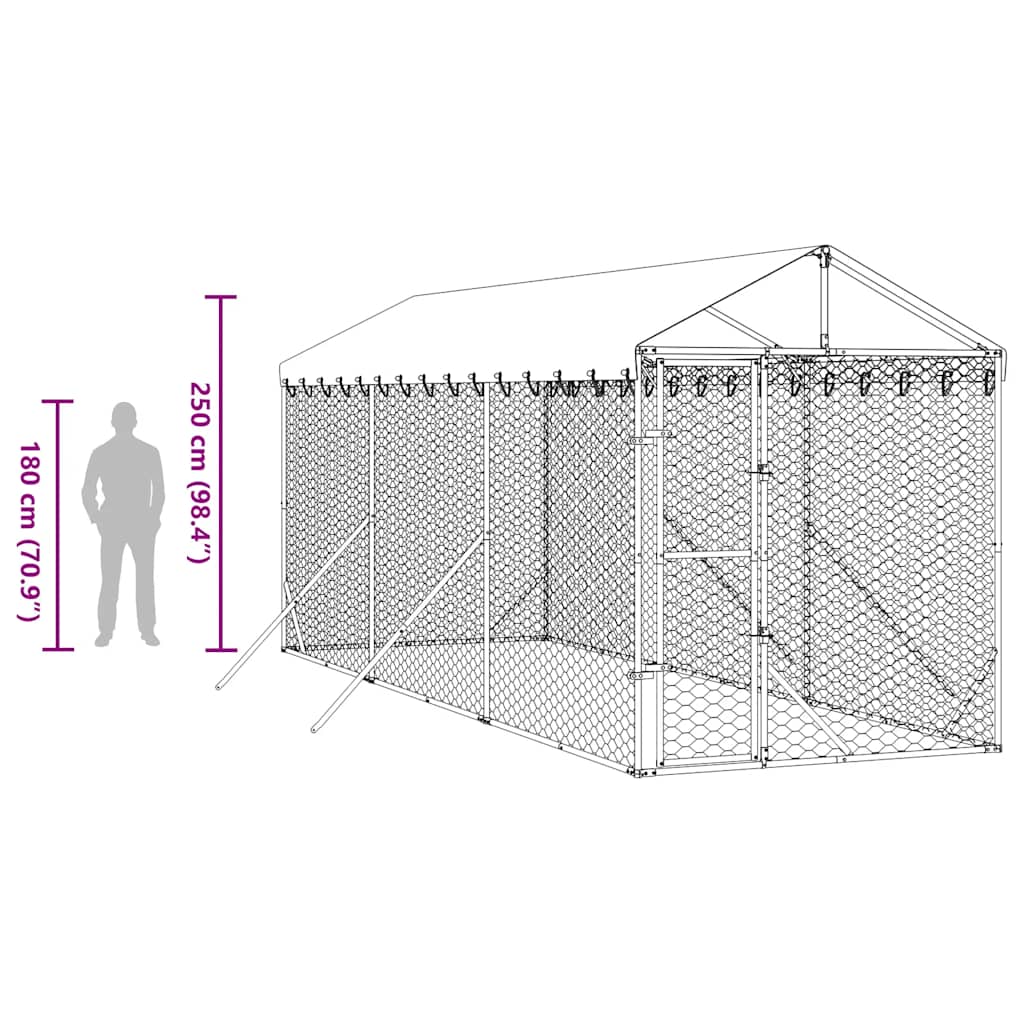 vidaXL Κλουβί Σκύλου Εξ. Χώρου με Οροφή Ασημί 2x6x2,5 μ. Γαλβ. Ατσάλι