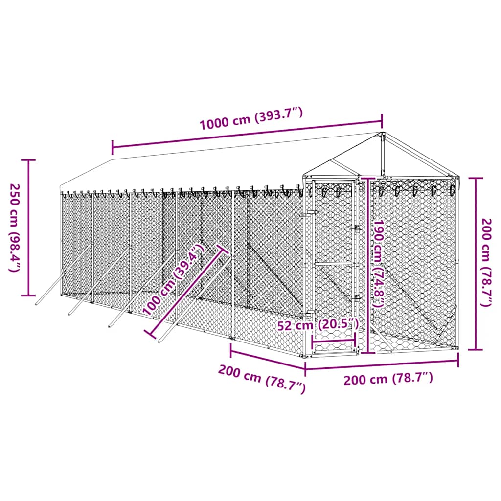 vidaXL Κλουβί Σκύλου Εξ. Χώρου με Οροφή Ασημί 2x10x2,5 μ. Γαλβ. Ατσάλι