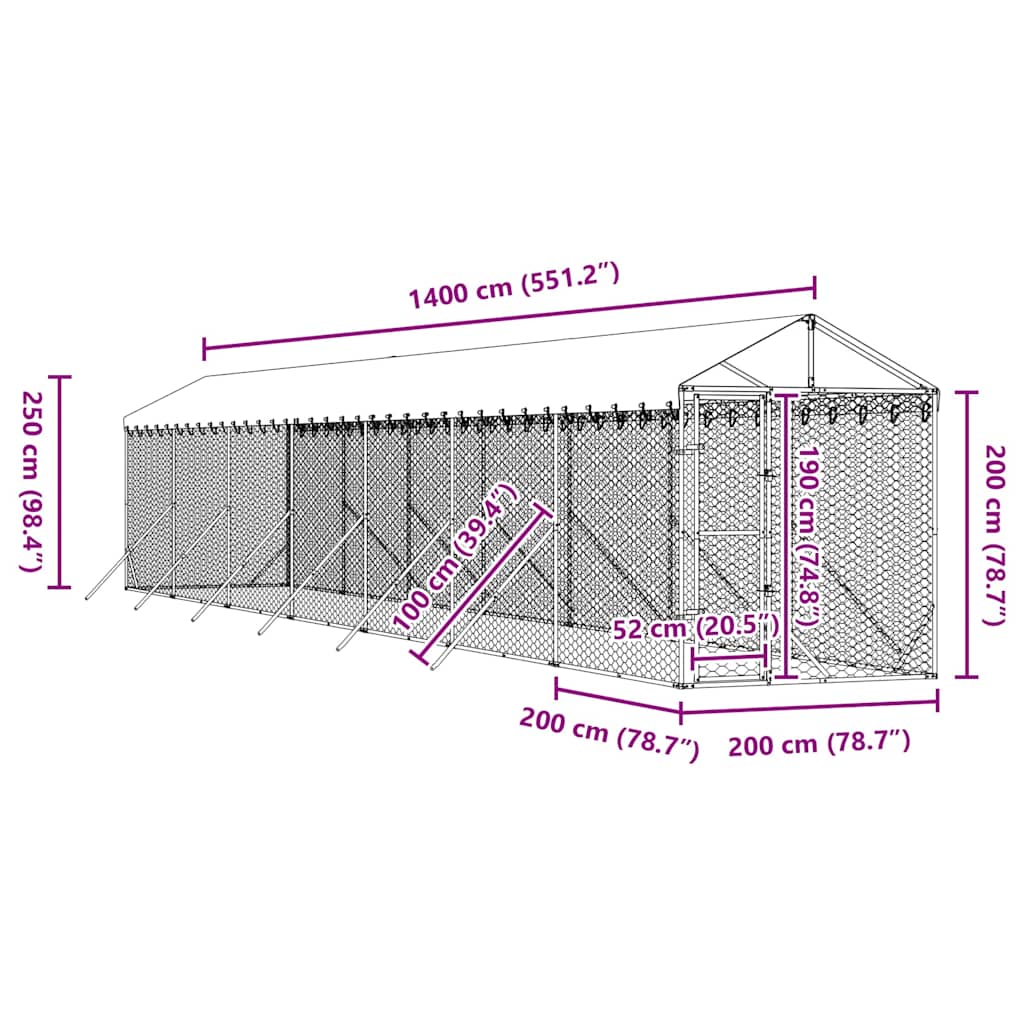 vidaXL Κλουβί Σκύλου Εξ. Χώρου με Οροφή Ασημί 2x14x2,5 μ. Γαλβ. Ατσάλι