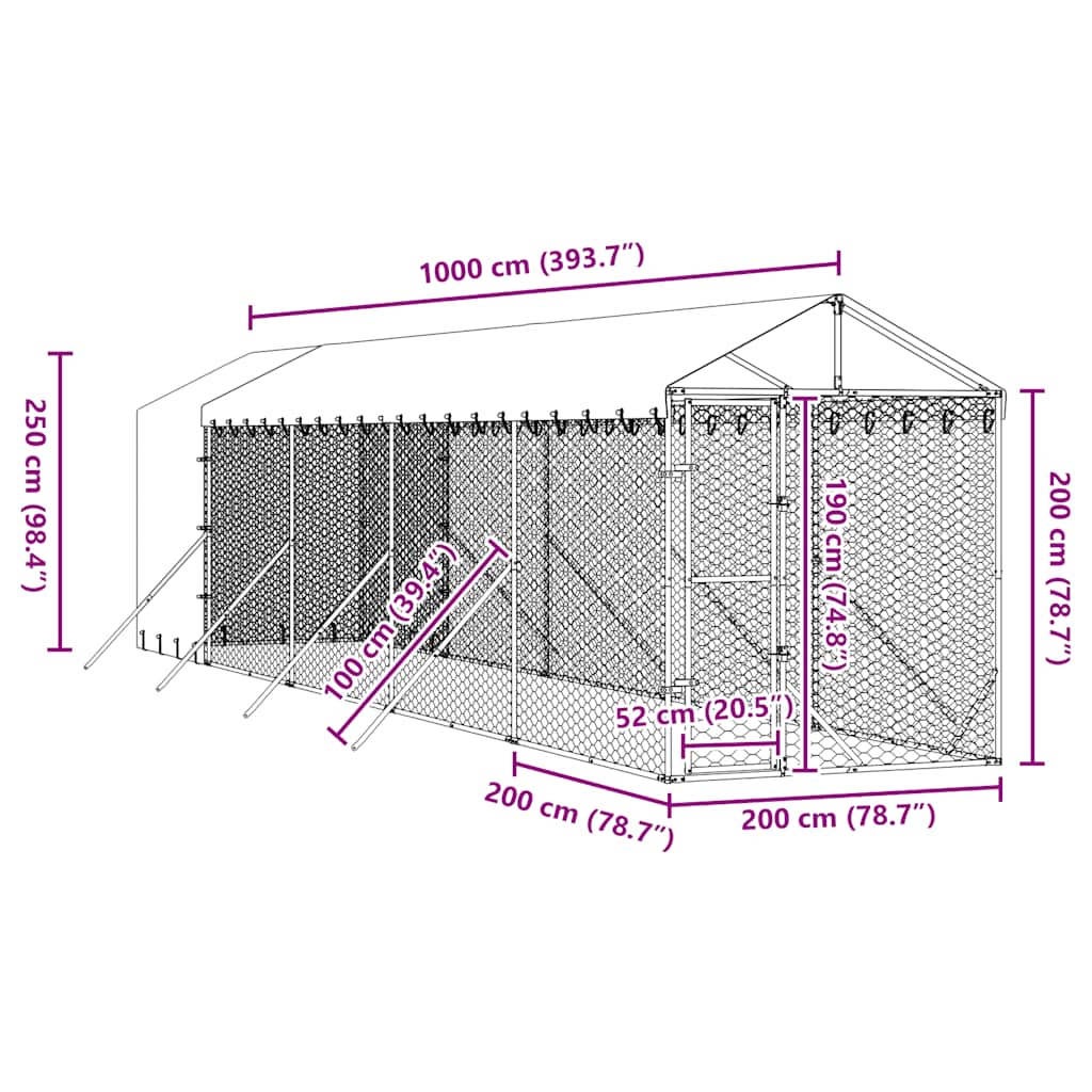 vidaXL Κλουβί Σκύλου Εξ. Χώρου με Οροφή Ασημί 2x10x2,5 μ. Γαλβ. Ατσάλι
