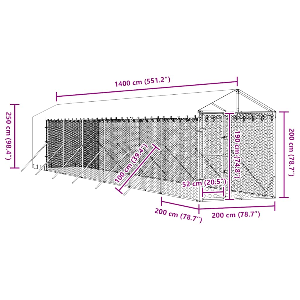 vidaXL Κλουβί Σκύλου Εξ. Χώρου με Οροφή Ασημί 2x14x2,5 μ. Γαλβ. Ατσάλι