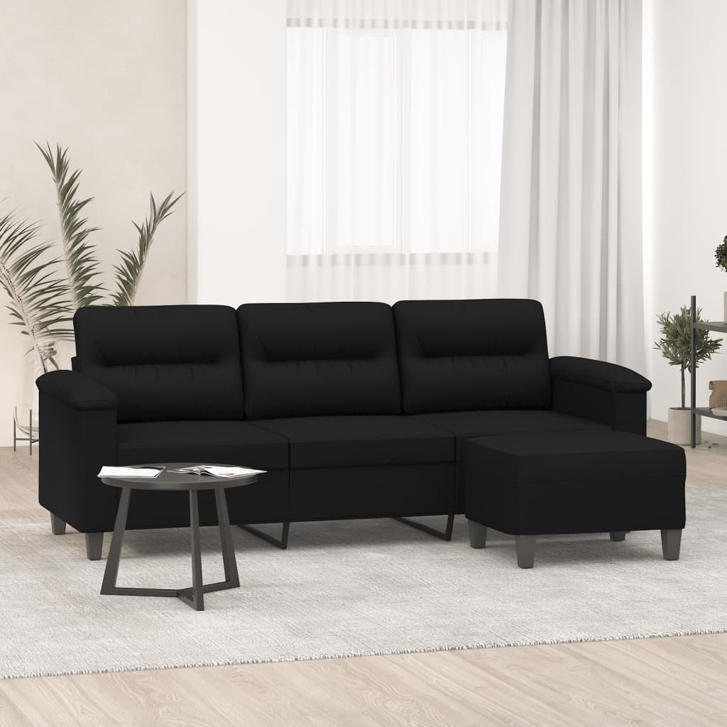 vidaXL Καναπές Τριθέσιος Μαύρος 180 εκ. Ύφασμα Μικροϊνών Υποπόδιο