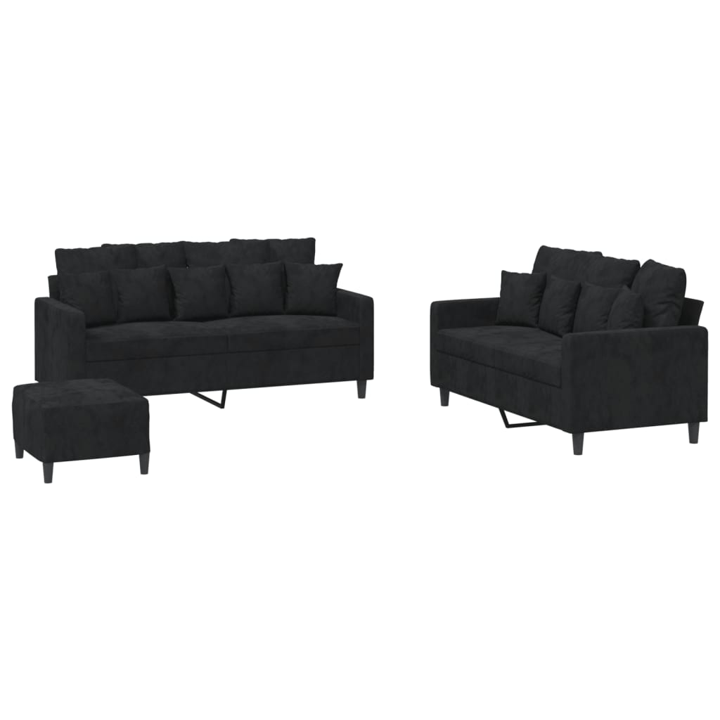 vidaXL Σετ Σαλονιού 3 Τεμαχίων Μαύρο από Βελούδο με Μαξιλάρια