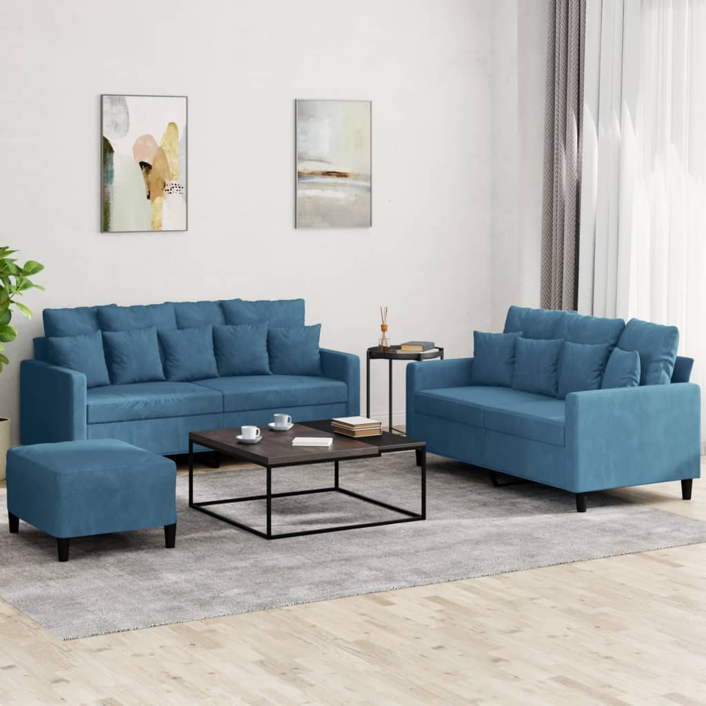 vidaXL Σετ Σαλονιού 3 Τεμαχίων Μπλε από Βελούδο με Μαξιλάρια