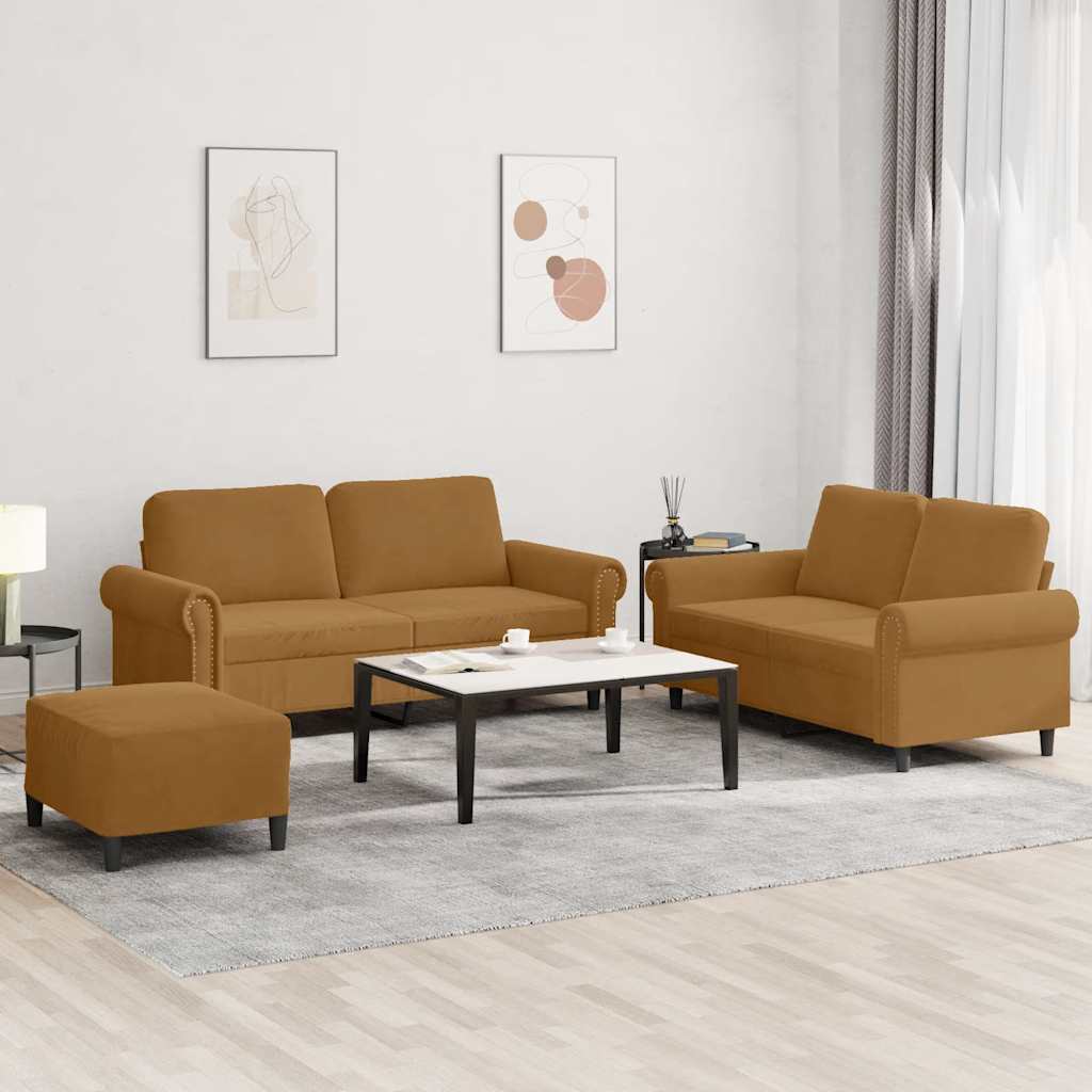 vidaXL Πολυθρόνες Σετ 3 Τεμαχίων Καφέ από Βελούδο με Μαξιλάρια