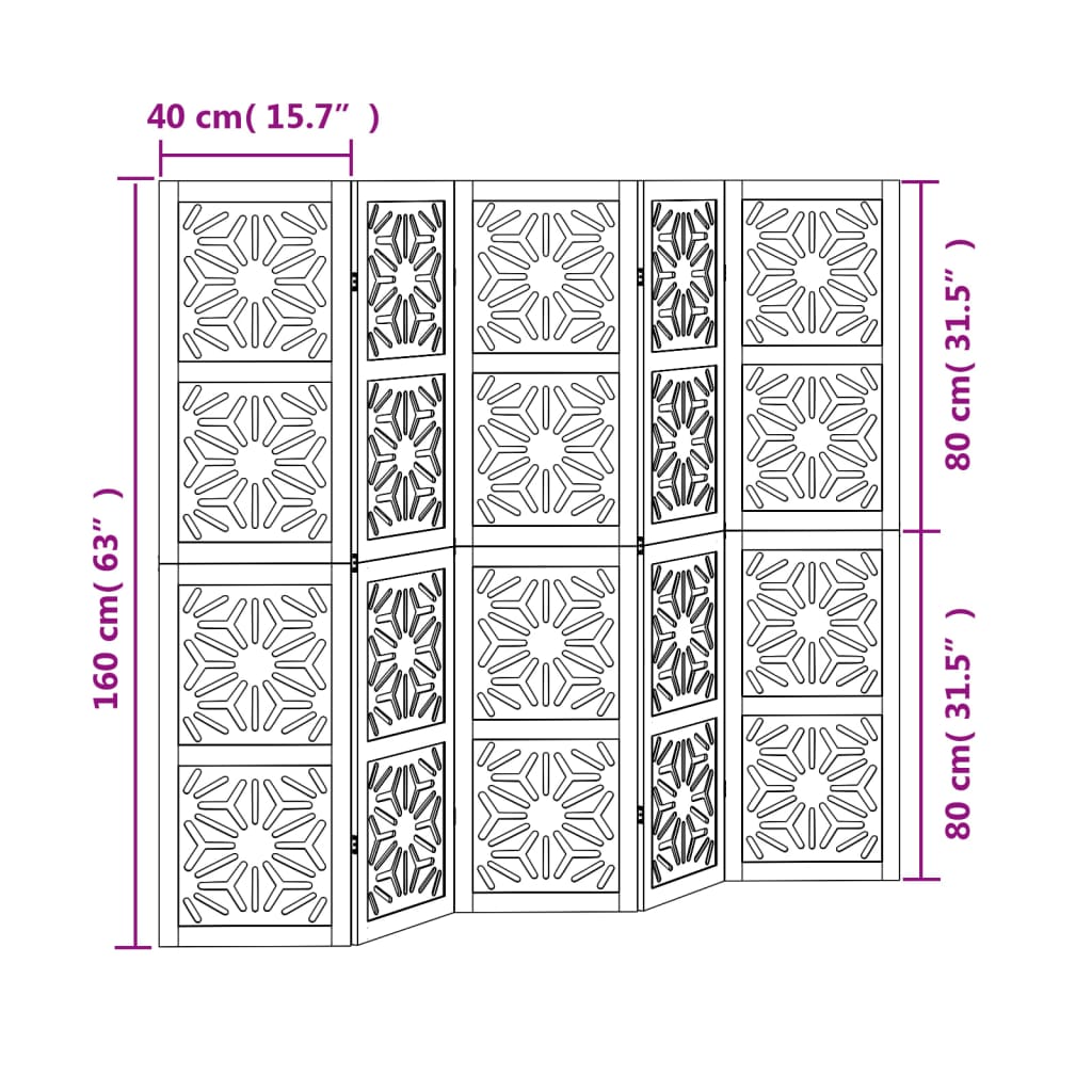 vidaXL Διαχωριστικό Χώρου με 5 Πάνελ Καφέ/Μαύρο Μασίφ Ξύλο Παυλώνιας