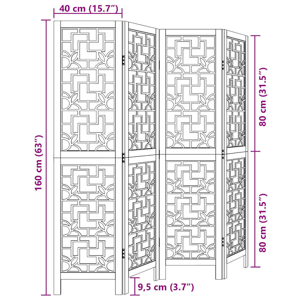 vidaXL Διαχωριστικό Χώρου με 4 Πάνελ Καφέ από Μασίφ Ξύλο Παυλώνιας