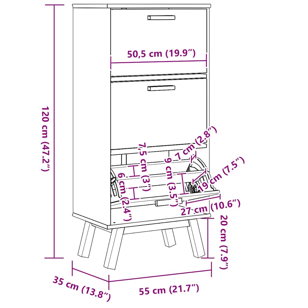 vidaXL Παπουτσοθήκη OLDEN Καφέ 55x35x120 εκ. από Μασίφ Ξύλο Πεύκου