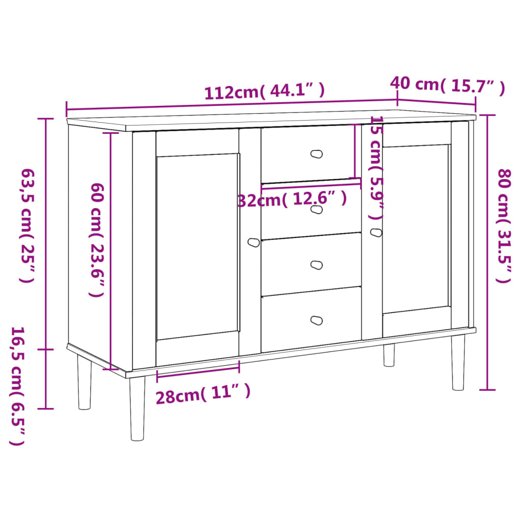 vidaXL Μπουφές SENJA Λευκό / Ρατάν 112 x 40 x 80 εκ. Μασίφ Ξύλο Πεύκου