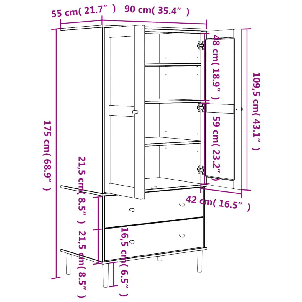 vidaXL Ντουλάπα SENJA Μαύρο / Ρατάν 90 x 55 x 175εκ. Μασίφ Ξύλο Πεύκου