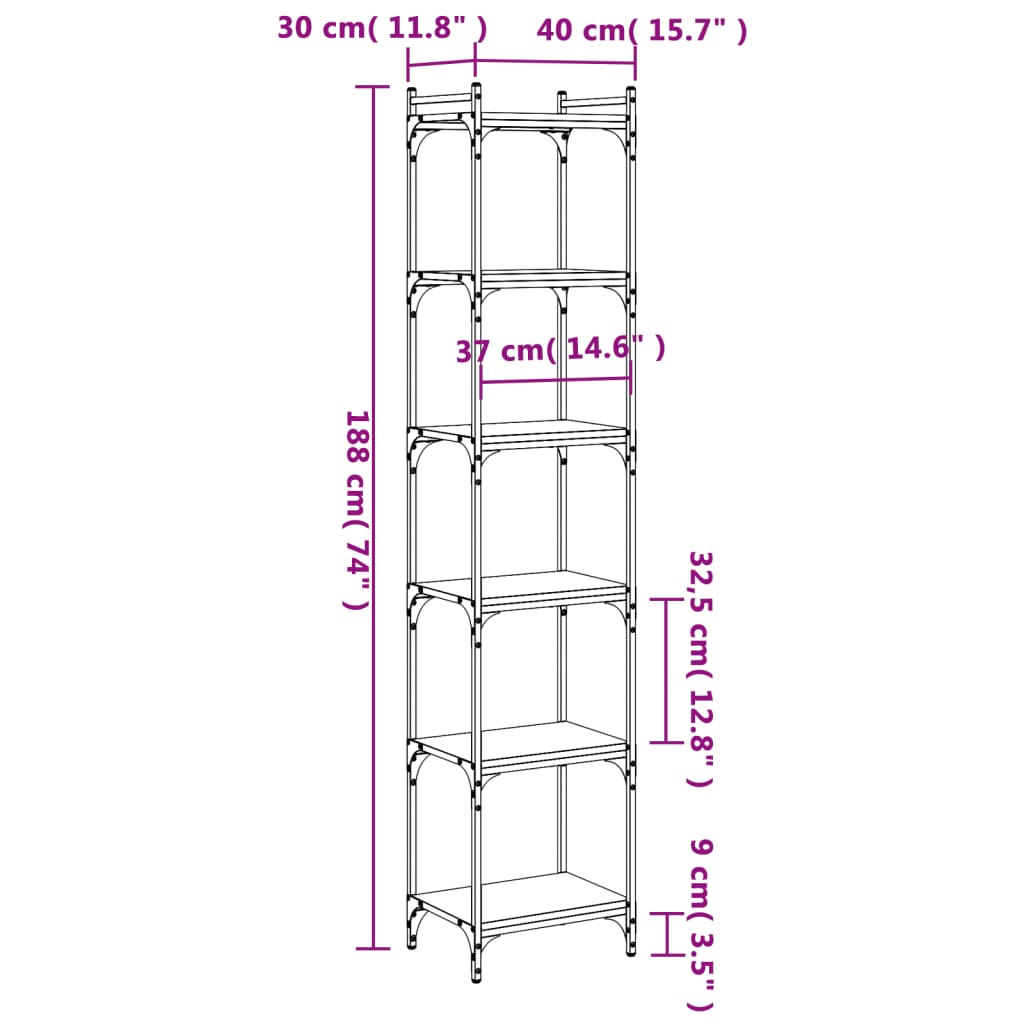 vidaXL Βιβλιοθήκη 6 Επιπέδων Μαύρη 40x30x188 εκ. Επεξεργασμένο Ξύλο