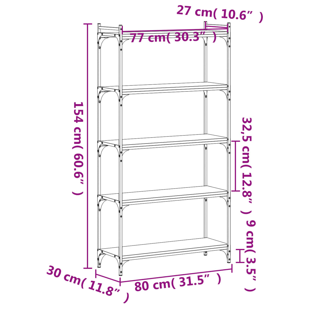 vidaXL Βιβλιοθήκη 5 Επιπέδων Καπνιστή Δρυς 80x30x154 εκ. Επεξεργ. Ξύλο