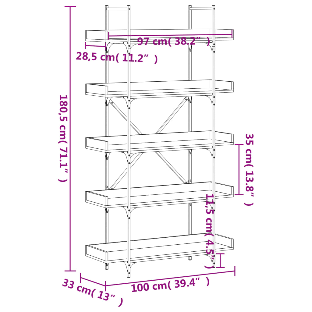 vidaXL Βιβλιοθήκη 5 Επιπέδων Καπνιστή Δρυς 100x33x180,5 εκ. Επεξ. Ξύλο